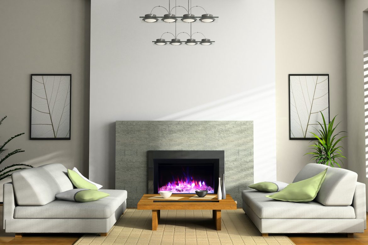 Home interior with fireplace and sofas 3D rendering